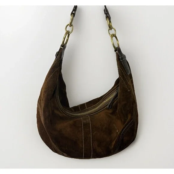 Vtg COACH Suede Soho Hobo Purse Brown Leather Handbag Crescent Y2K - Picture 2 of 12